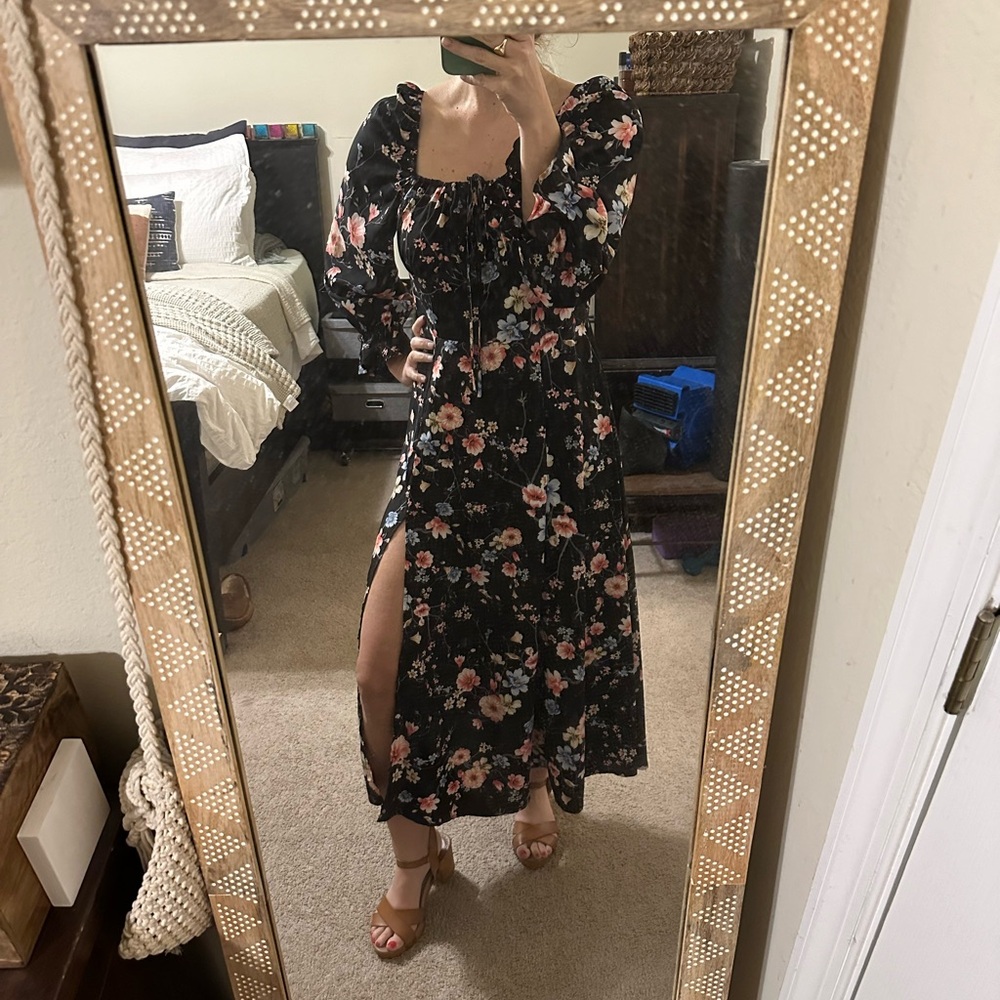 SHEIN Black Flowered Ruched Bust Midi Dress, Size L, NWOT